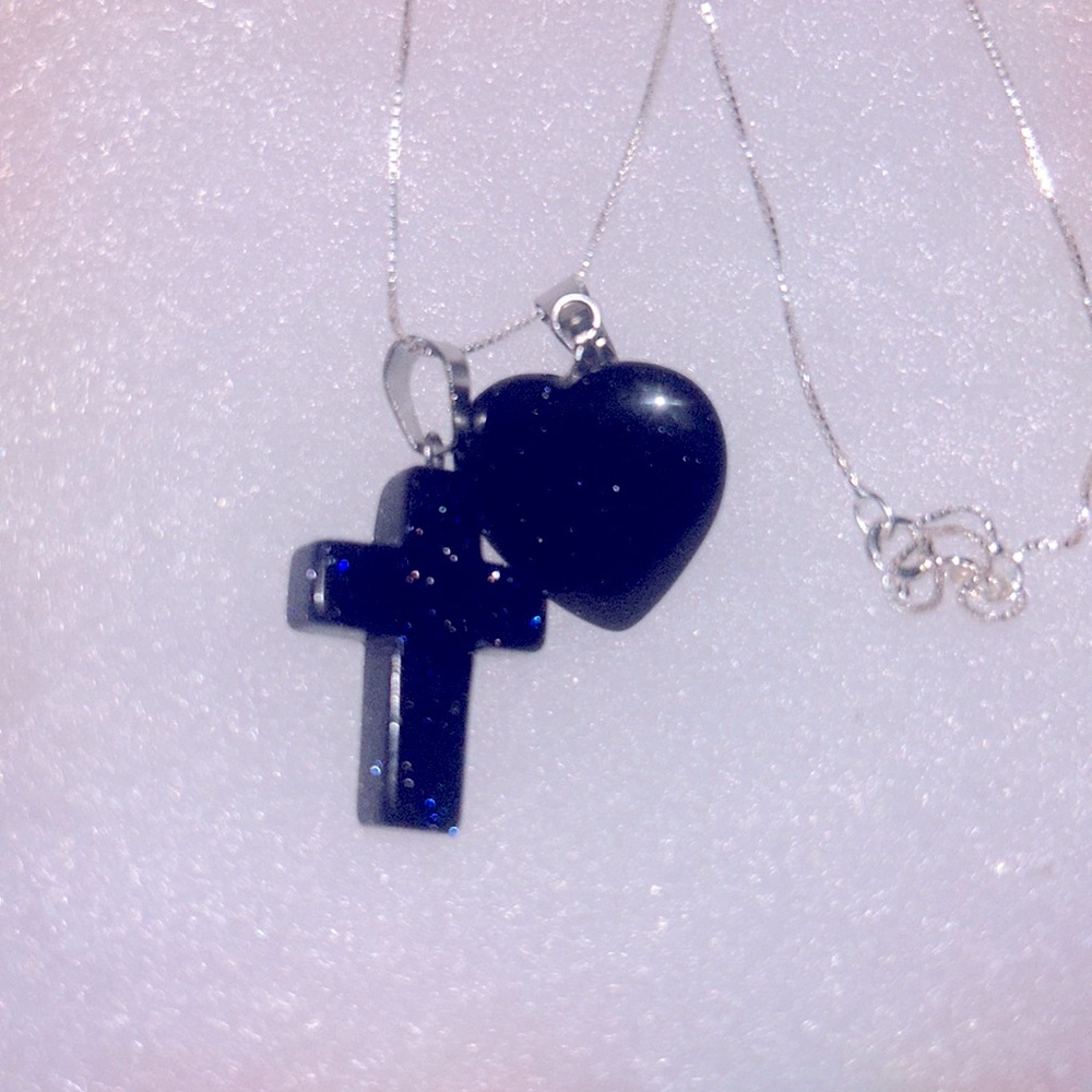 Boho hippie Blue Goldstone heart and Cross Sterling Silver 16” Necklace